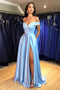 Satin Offshoulder Sky Blue Long Prom Dress, Simple Formal Evening Gown MP980