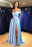 satin offshoulder sky blue long prom dress simple formal evening gown