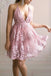 pink tulle a line short homecoming dress lace appliqued v neck party dress