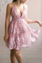 Pink Tulle A Line Short Homecoming Dress, Lace Appliqued V-neck Party Dress GM415