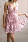 pink tulle a line short homecoming dress lace appliqued v neck party dress