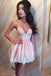 cute spaghetti straps v neck pink lace homecoming dresses
