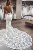 Spaghetti Strap Backless Mermaid Lace Wedding Dresses With Appliques PW423