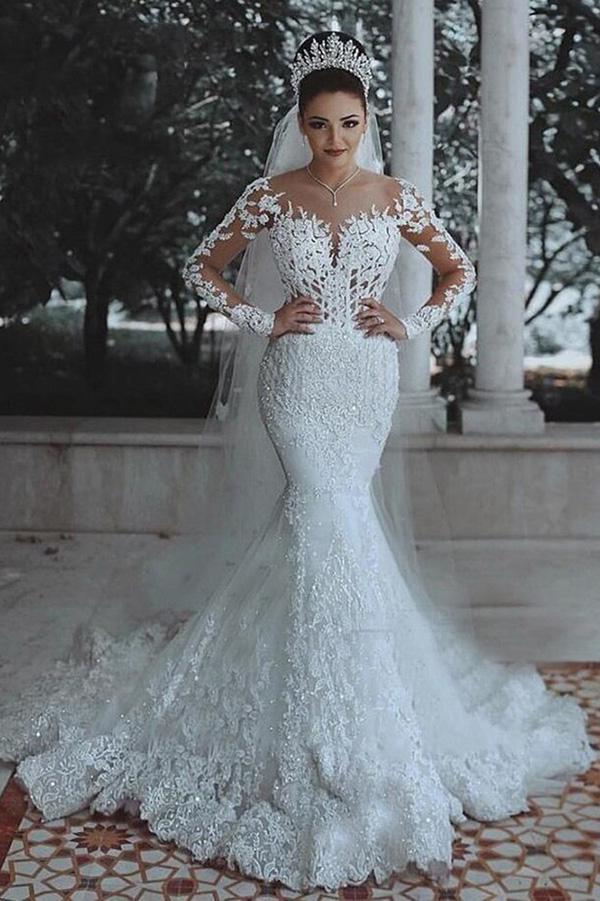 Cheap Long Sleeve Lace Wedding Dress Mermaid Bridal Gowns,MW291|musebridals.com