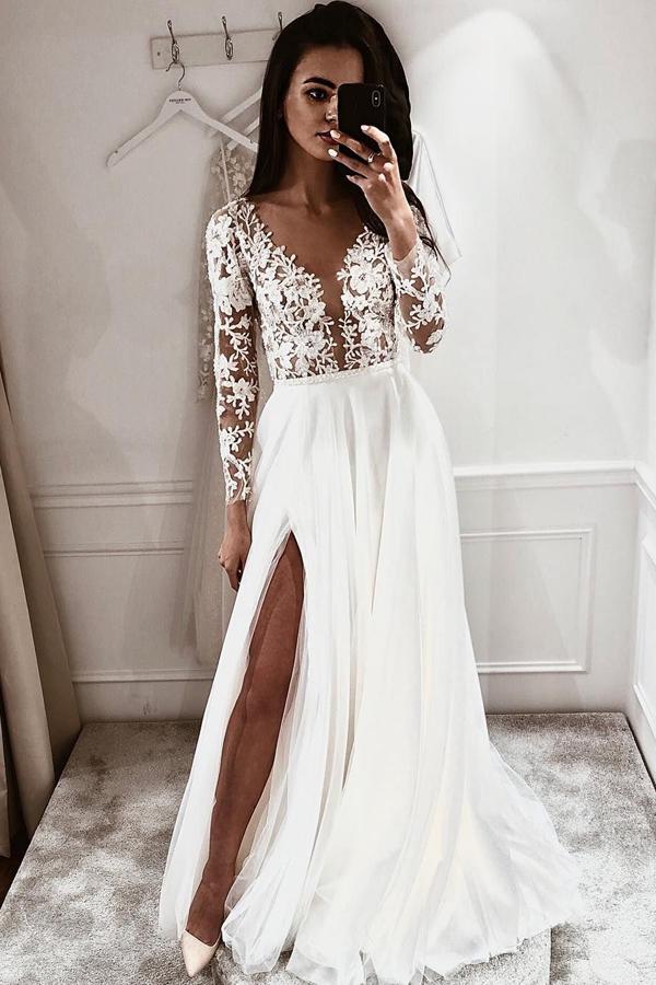 a line v neck lace long sleeves beach wedding dresses with split