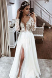 a line v neck lace long sleeves beach wedding dresses with split