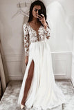 A-line V-neck Lace Long Sleeves Beach Wedding Dresses with Split PW424