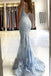 mermaid light blue lace long prom dress v back evening dress
