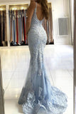 Mermaid Light Blue Lace Long Prom Dress V-back Evening Dress GP201