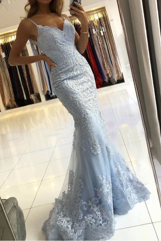 mermaid light blue lace long prom dress v back evening dress