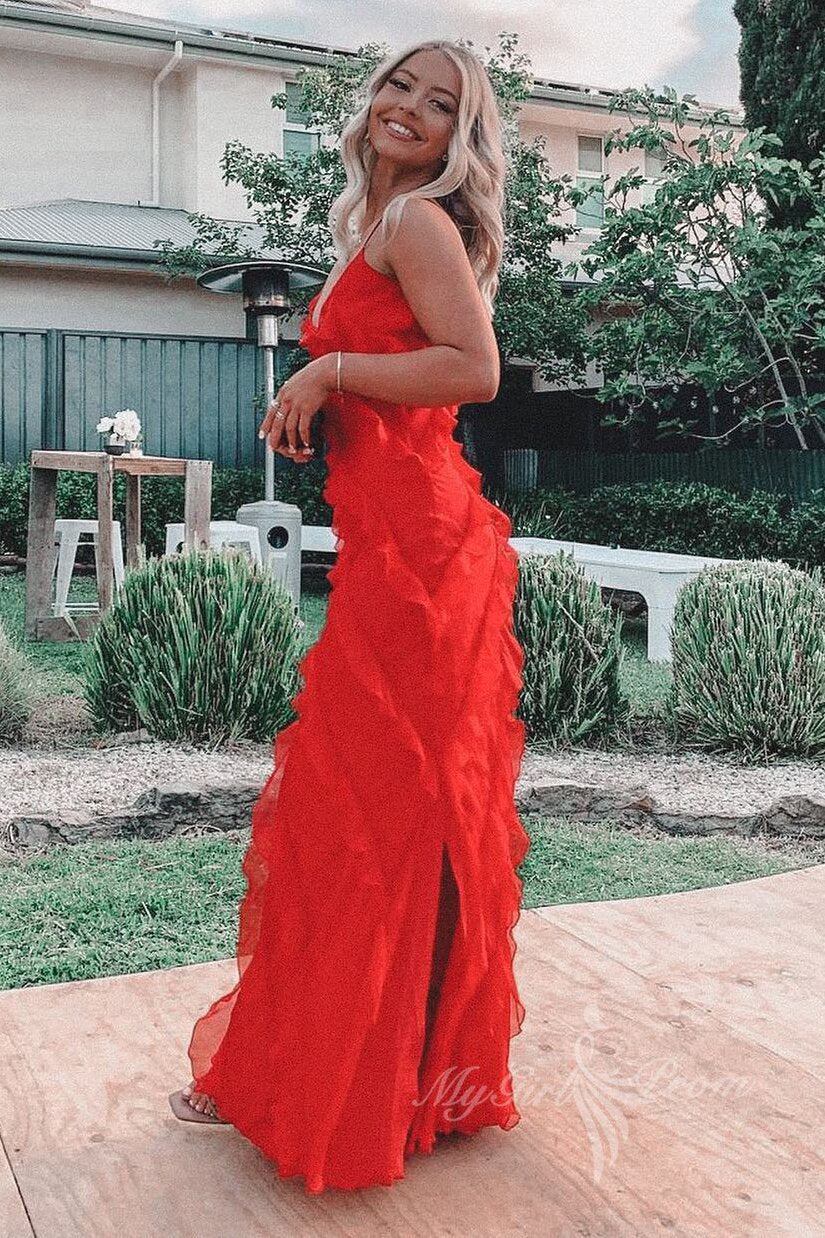 Mermaid Red Chiffon Ruffles Long Prom Dress, Evening Dresses with Cascading Frills GP481