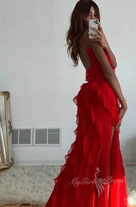 mermaid red chiffon ruffles long prom dress evening dresses with cascading frills