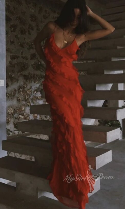 mermaid red chiffon ruffles long prom dress evening dresses with cascading frills