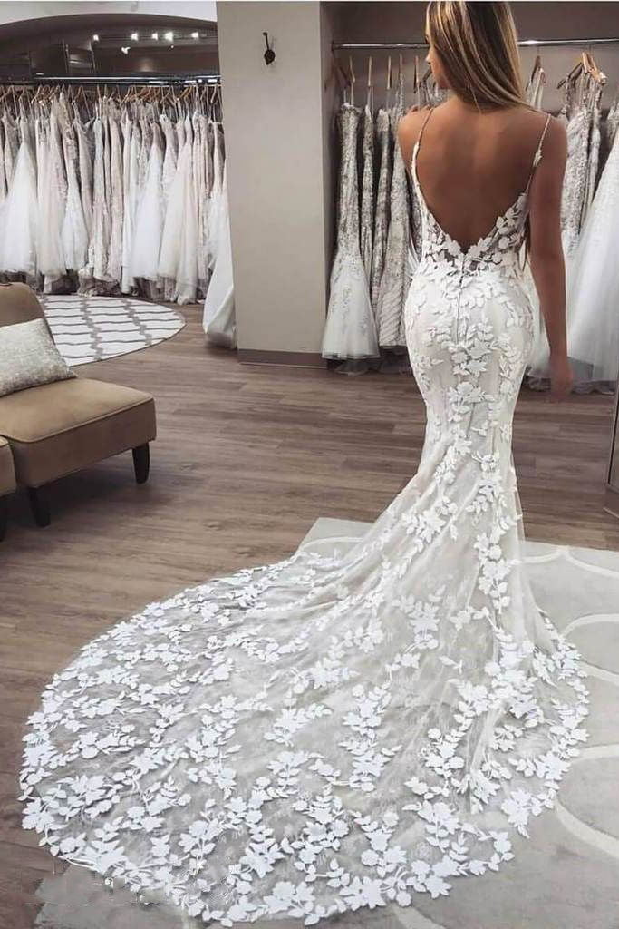 Mermaid Spaghetti Straps Backless Lace Wedding Dresses, Sexy Lace Bridal Gowns PW501