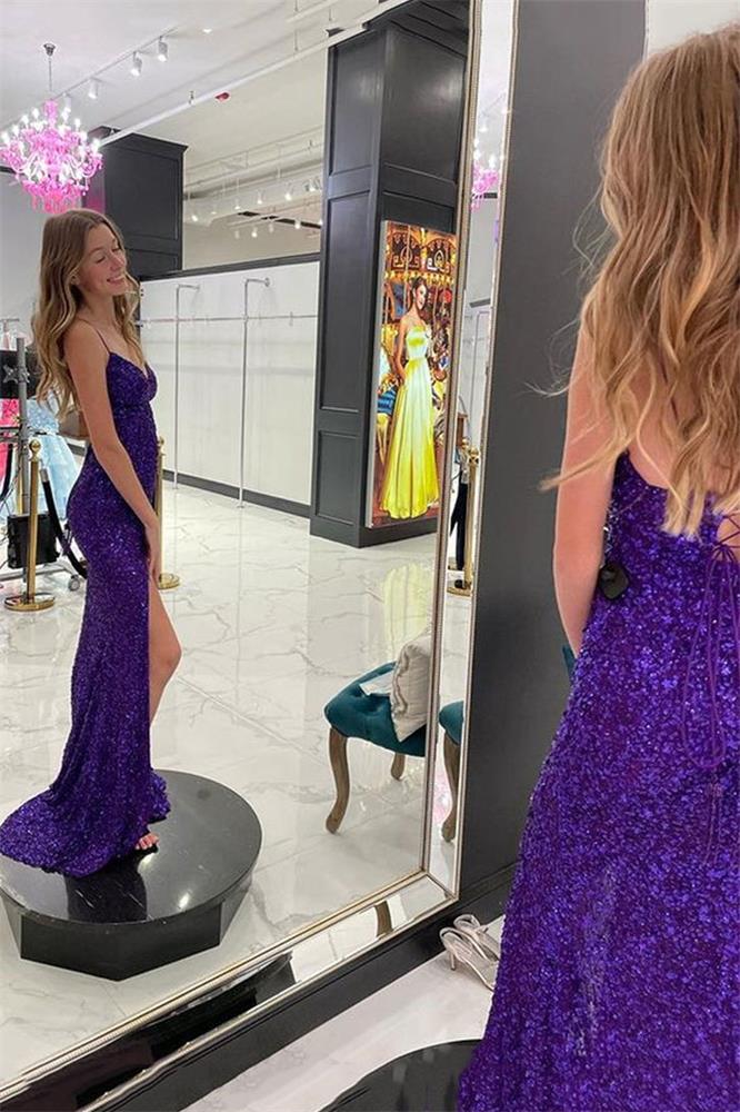 mermaid v neck purple sequins long prom dresses formal evening dresses