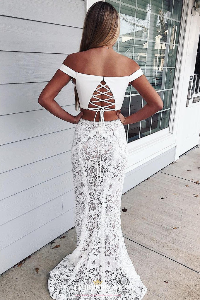 off shoulder mermaid lace prom dress two piece ivory long evening dress