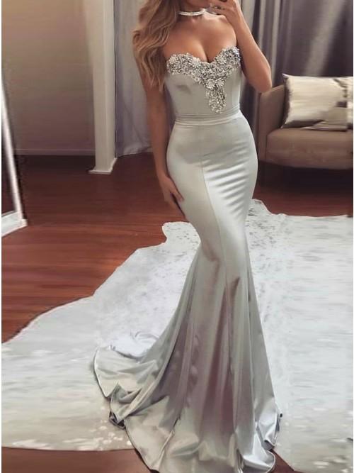 mermaid beading evening dress silver fishtail prom dress