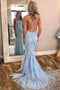Mermaid Backless Light Sky Blue Prom Dress, Tulle Spaghetti Appliques Evening Gown MP826