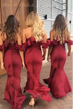 mermaid burgundy bridesmaid dresses v neck asymmetry ruffles pb133