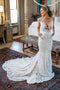 Charming Mermaid V-neck Backless Lace Beach Wedding Dress With Pocket PW278