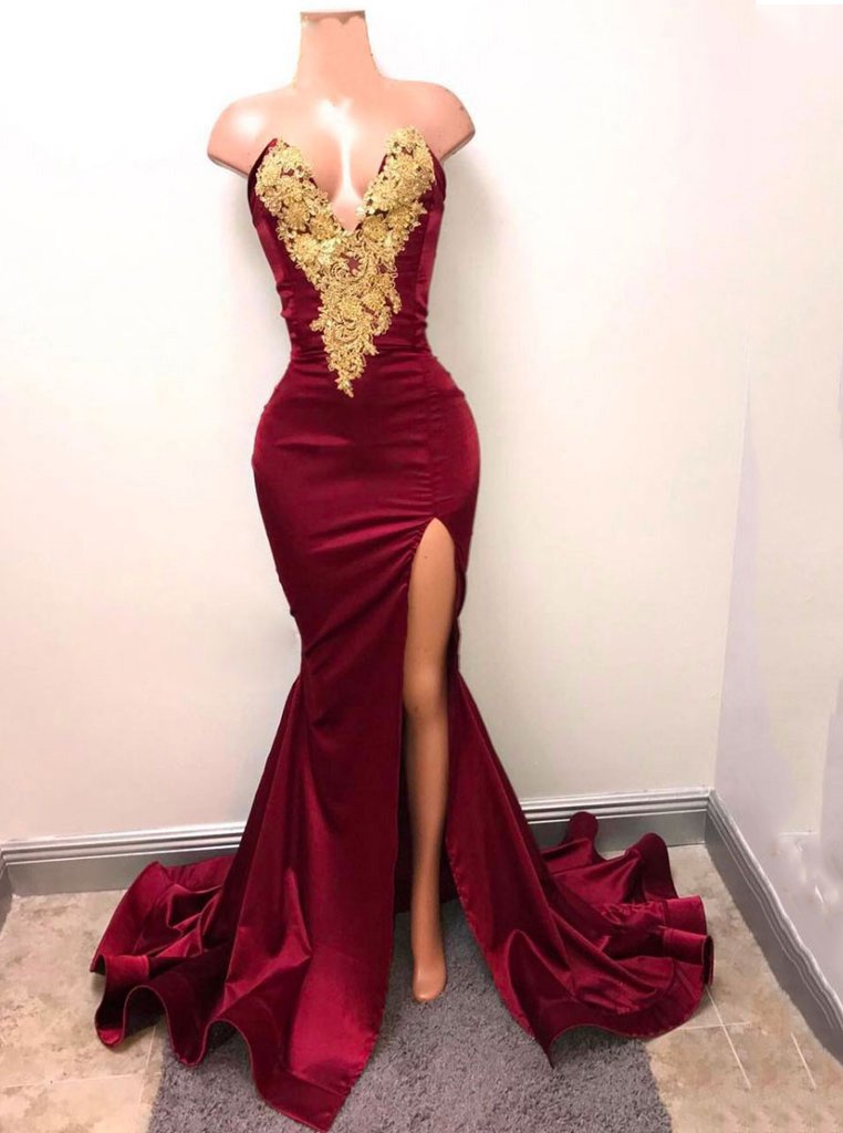 mermaid gold applique burgundy prom evening gowns with split mp816