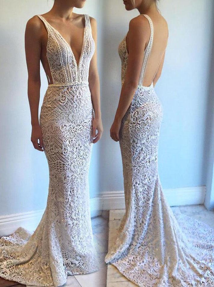 mermaid lace wedding dresses sexy backless long beaded bridal gowns pw251