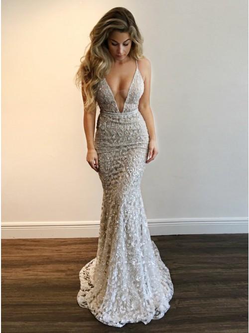 mermaid plunging neckline lace backless prom dress with sequins