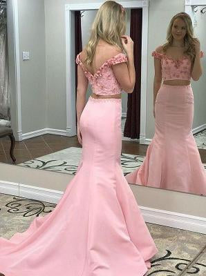 off shoulder pink mermaid graduation dress two piece floral beading long prom dress mp971