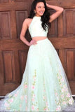 halter sleeveless two piece floral long prom dresses
