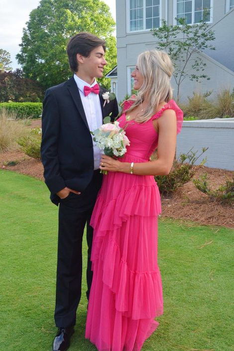 Modest Straps Hot Pink Long Prom Dresses A-line Tulle Tiered Formal Gown GP356