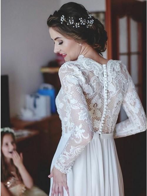 modest a line v neck lace long sleeves chiffon wedding dress