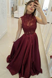modest high neck prom dresses burgundy a line lace applique mp714
