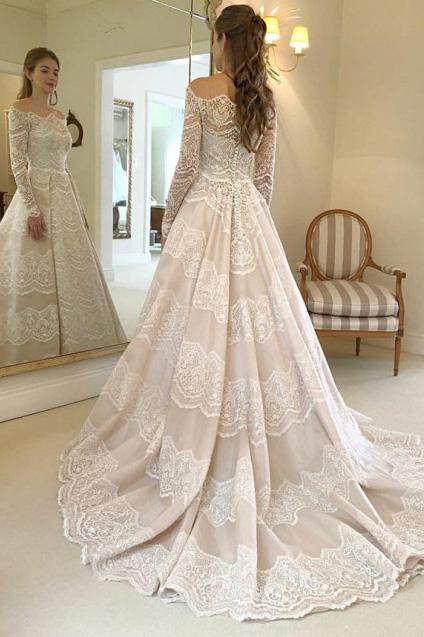 modest lace bridal gown off the shoulder long sleeves wedding dress pw236