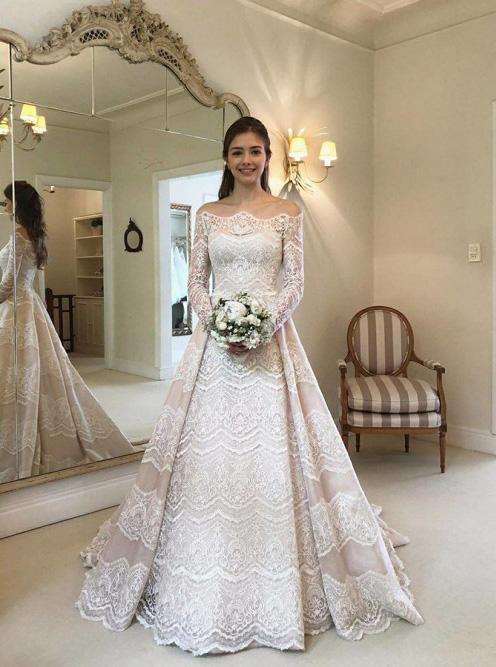 modest lace bridal gown off the shoulder long sleeves wedding dress