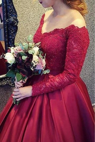 modest off the shoulder lace burgundy ball gown long prom dress with long sleeves