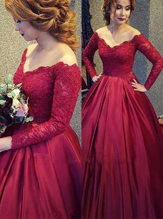 modest off the shoulder lace burgundy ball gown long prom dress with long sleeves