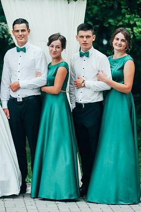 modest scoop long a line satin green bridesmaid dresses