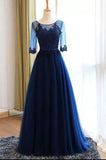 dark blue long prom dress half sleeves wedding party dress