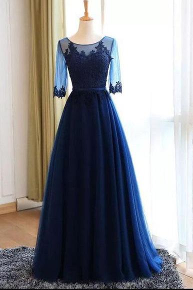 a line scoop neck dark blue long prom dresses with sleeves