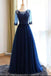 a line scoop neck dark blue long prom dresses with sleeves