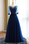 A-line Scoop Neck Dark Blue Long Prom Dresses With Sleeves GP20