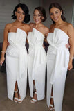 modest sheath ruffles satin beach peplum long white bridesmaid dresses with split