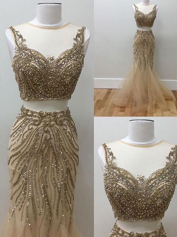 modest sheer scoop beading two piece long mermaid prom dress