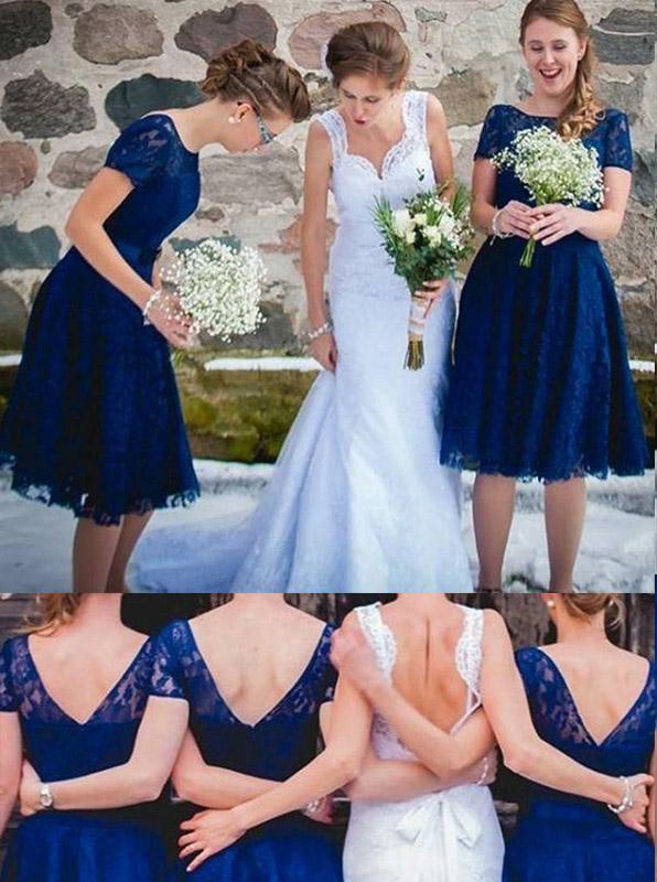 Modest Short Sleeves Knee Length Royal Blue Short Lace Bridesmaid Dresses PB185