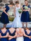 Modest Short Sleeves Royal Blue Knee Length Lace Bridesmaid Dresses PB185