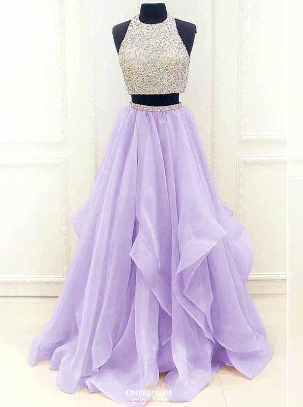 modest organza prom dress with ruffles, two piece beading formal dress mp748