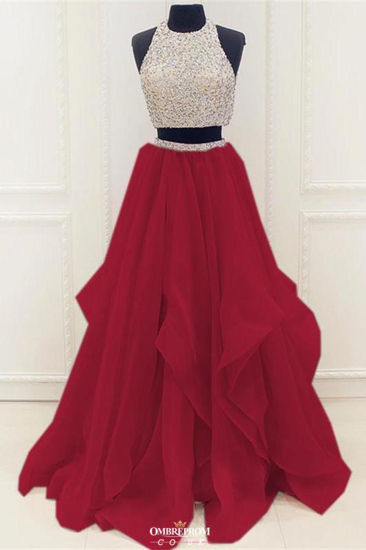 modest organza prom dress with ruffles two piece beading formal dress