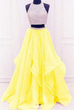 modest organza prom dress with ruffles, two piece beading formal dress mp748