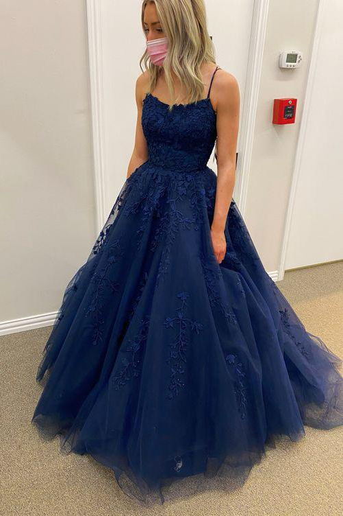 navy blue tulle appliques prom evening dress formal prom dress