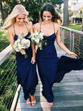 navy blue chiffon v neck spaghetti straps long sheath bridesmaid dresses pb166